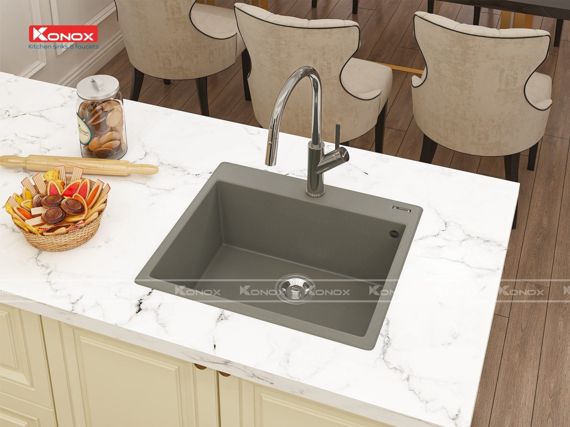 Chậu Rửa Bát Đá KONOX Granite Sink Ruvita 680 – Grey